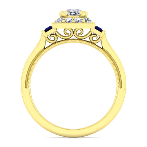 Vintage Inspired 14K Yellow Gold Halo Emerald Cut Sapphire and Diamond Channel Set Engagement Ring