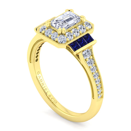 Vintage Inspired 14K Yellow Gold Halo Emerald Cut Sapphire and Diamond Channel Set Engagement Ring