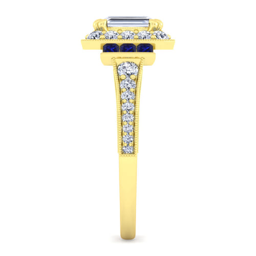 Vintage Inspired 14K Yellow Gold Halo Emerald Cut Sapphire and Diamond Channel Set Engagement Ring