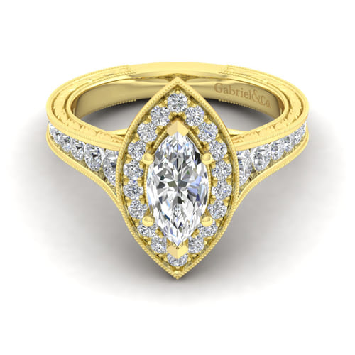 Vintage Inspired 14K Yellow Gold Marquise Halo Diamond Channel Set Engagement Ring