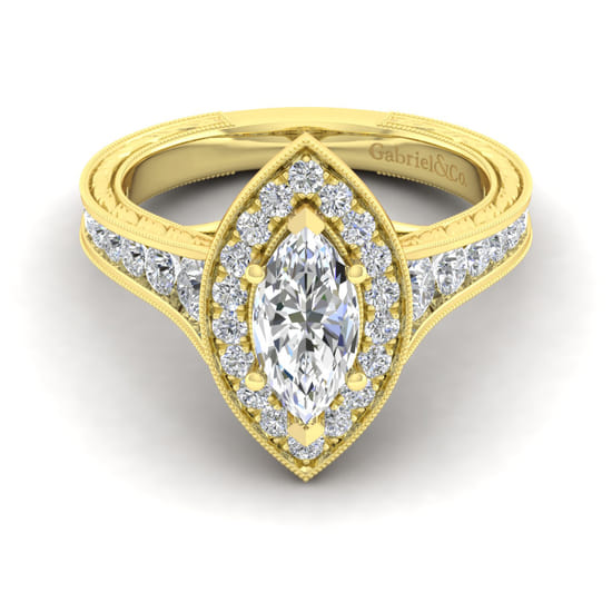 Gabriel - Vintage Inspired 14K Yellow Gold Marquise Halo Diamond Channel Set Engagement Ring