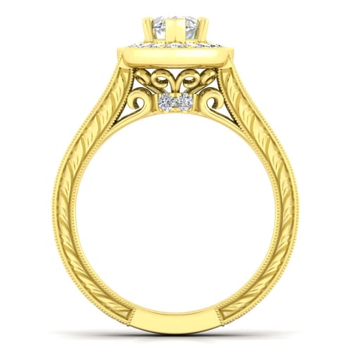 Vintage Inspired 14K Yellow Gold Marquise Halo Diamond Channel Set Engagement Ring