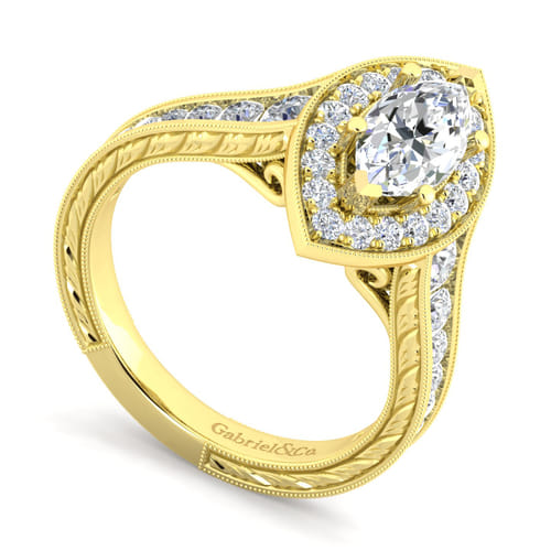 Vintage Inspired 14K Yellow Gold Marquise Halo Diamond Channel Set Engagement Ring