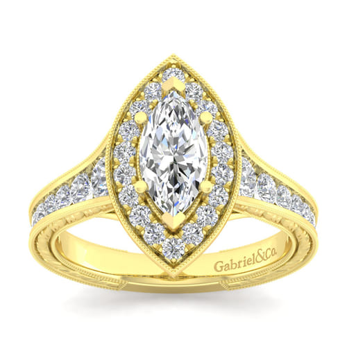 Vintage Inspired 14K Yellow Gold Marquise Halo Diamond Channel Set Engagement Ring
