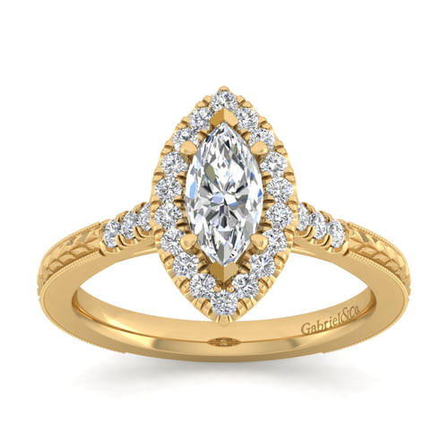Vintage Inspired 14K Yellow Gold Marquise Halo Diamond Engagement Ring