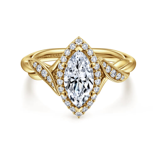 Vintage Inspired 14K Yellow Gold Marquise Halo Diamond Engagement Ring