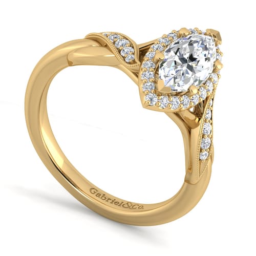Vintage Inspired 14K Yellow Gold Marquise Halo Diamond Engagement Ring