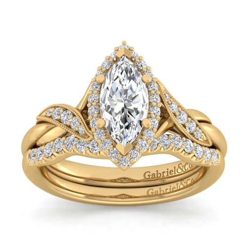 Vintage Inspired 14K Yellow Gold Marquise Halo Diamond Engagement Ring