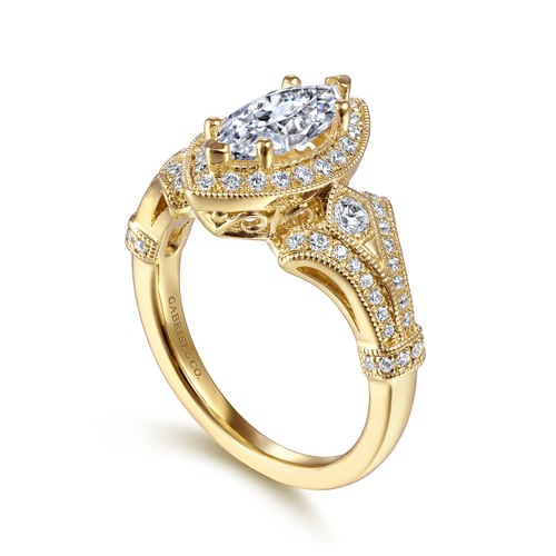 Vintage Inspired 14K Yellow Gold Marquise Halo Diamond Engagement Ring