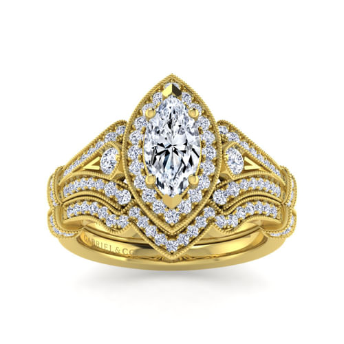 Vintage Inspired 14K Yellow Gold Marquise Halo Diamond Engagement Ring