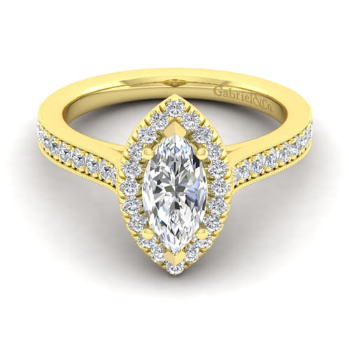 Vintage Inspired 14K Yellow Gold Marquise Halo Diamond Engagement Ring