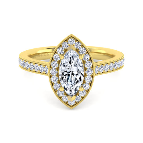Vintage Inspired 14K Yellow Gold Marquise Halo Diamond Engagement Ring