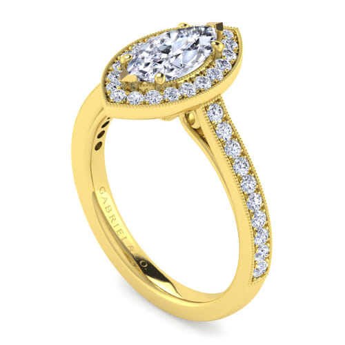 Vintage Inspired 14K Yellow Gold Marquise Halo Diamond Engagement Ring