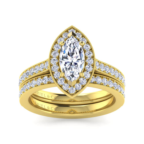 Vintage Inspired 14K Yellow Gold Marquise Halo Diamond Engagement Ring
