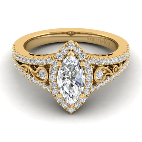 Vintage Inspired 14K Yellow Gold Marquise Halo Diamond Engagement Ring