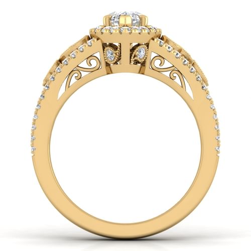 Vintage Inspired 14K Yellow Gold Marquise Halo Diamond Engagement Ring