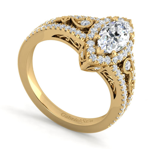 Vintage Inspired 14K Yellow Gold Marquise Halo Diamond Engagement Ring