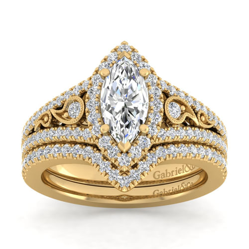 Vintage Inspired 14K Yellow Gold Marquise Halo Diamond Engagement Ring
