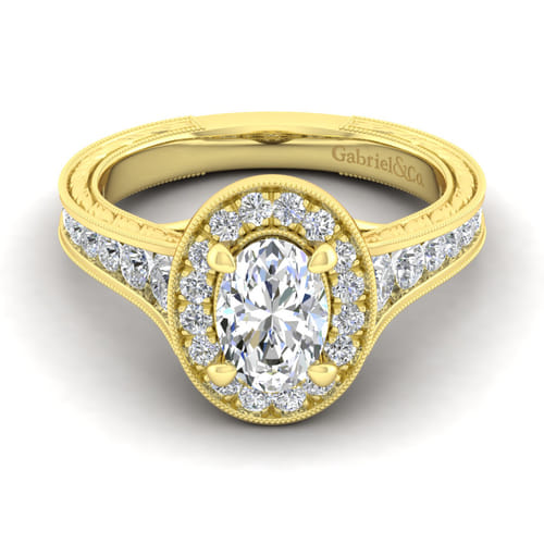 Vintage Inspired 14K Yellow Gold Oval Halo Diamond Channel Set Engagement Ring