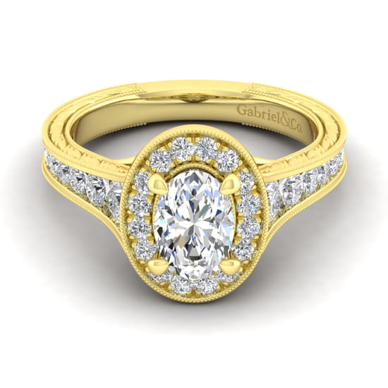 Gabriel - Vintage Inspired 14K Yellow Gold Oval Halo Diamond Channel Set Engagement Ring