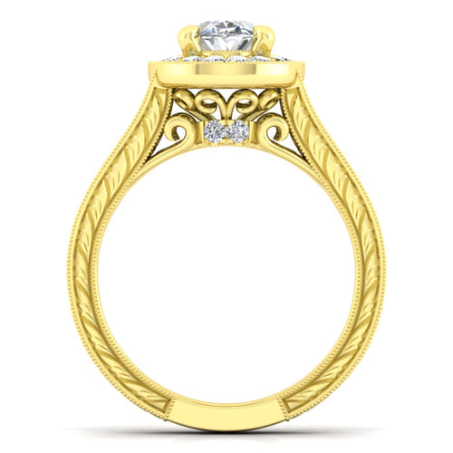 Vintage Inspired 14K Yellow Gold Oval Halo Diamond Channel Set Engagement Ring