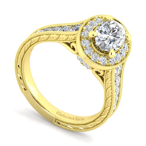 Vintage Inspired 14K Yellow Gold Oval Halo Diamond Channel Set Engagement Ring