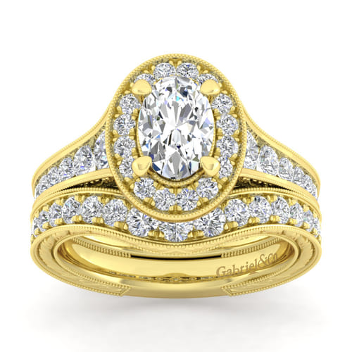 Vintage Inspired 14K Yellow Gold Oval Halo Diamond Channel Set Engagement Ring