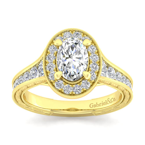 Vintage Inspired 14K Yellow Gold Oval Halo Diamond Channel Set Engagement Ring