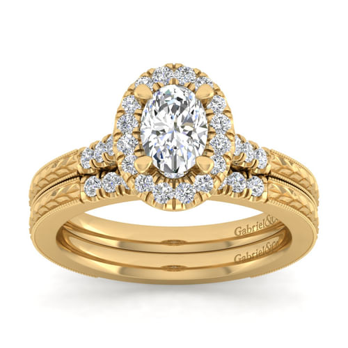 Vintage Inspired 14K Yellow Gold Oval Halo Diamond Engagement Ring