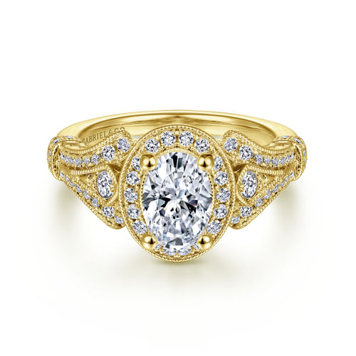 Vintage Inspired 14K Yellow Gold Oval Halo Diamond Engagement Ring