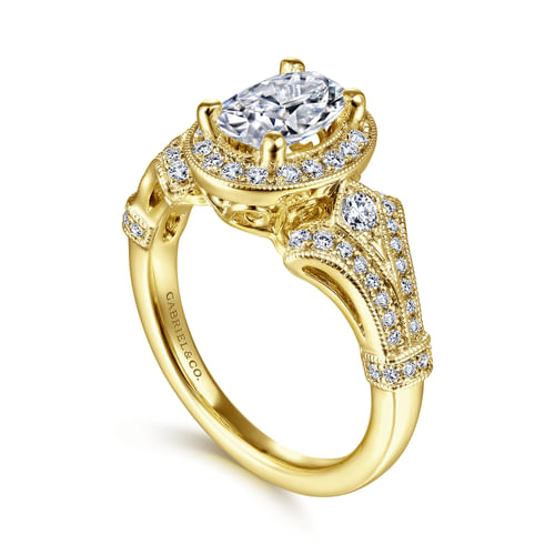 Vintage Inspired 14K Yellow Gold Oval Halo Diamond Engagement Ring