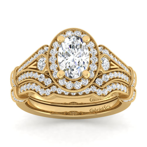 Vintage Inspired 14K Yellow Gold Oval Halo Diamond Engagement Ring
