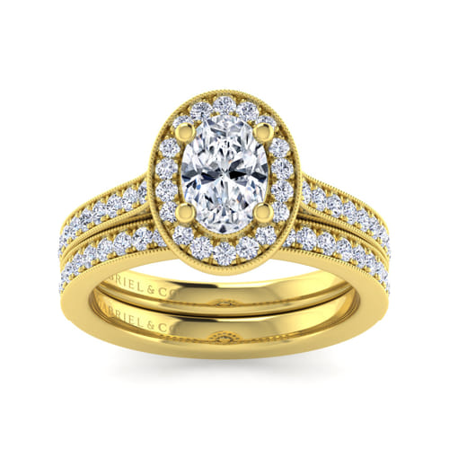 Vintage Inspired 14K Yellow Gold Oval Halo Diamond Engagement Ring
