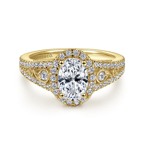 Vintage Inspired 14K Yellow Gold Oval Halo Diamond Engagement Ring