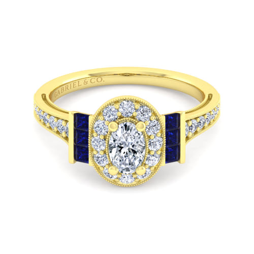 Vintage Inspired 14K Yellow Gold Oval Halo Sapphire and Diamond Channel Set Engagement Ring