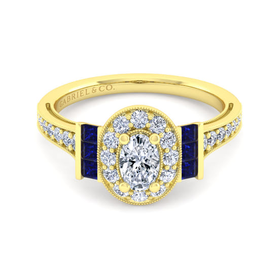 Gabriel - Vintage Inspired 14K Yellow Gold Oval Halo Sapphire and Diamond Channel Set Engagement Ring