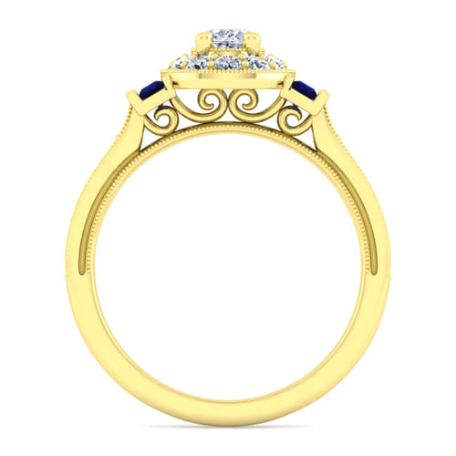 Vintage Inspired 14K Yellow Gold Oval Halo Sapphire and Diamond Channel Set Engagement Ring