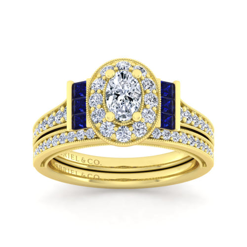 Vintage Inspired 14K Yellow Gold Oval Halo Sapphire and Diamond Channel Set Engagement Ring
