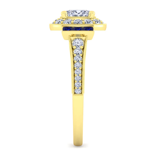 Vintage Inspired 14K Yellow Gold Oval Halo Sapphire and Diamond Channel Set Engagement Ring