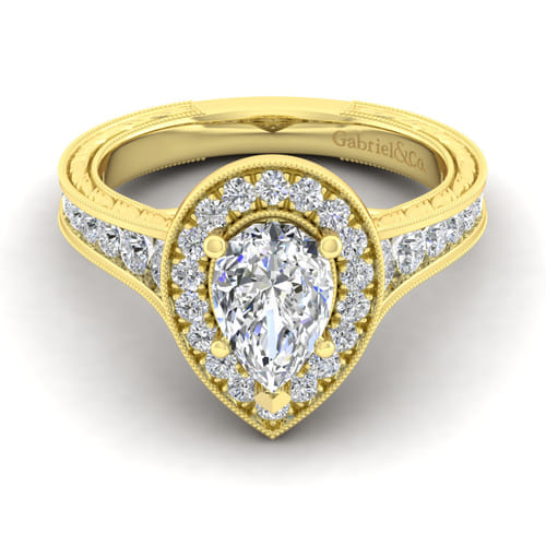 Vintage Inspired 14K Yellow Gold Pear Shape Halo Diamond Channel Set Engagement Ring