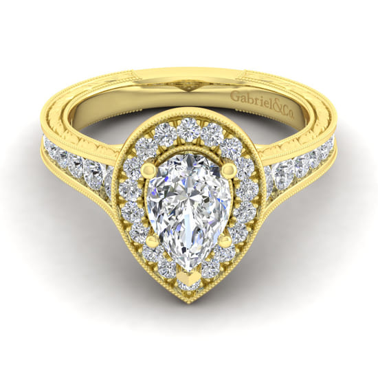 Gabriel - Vintage Inspired 14K Yellow Gold Pear Shape Halo Diamond Channel Set Engagement Ring