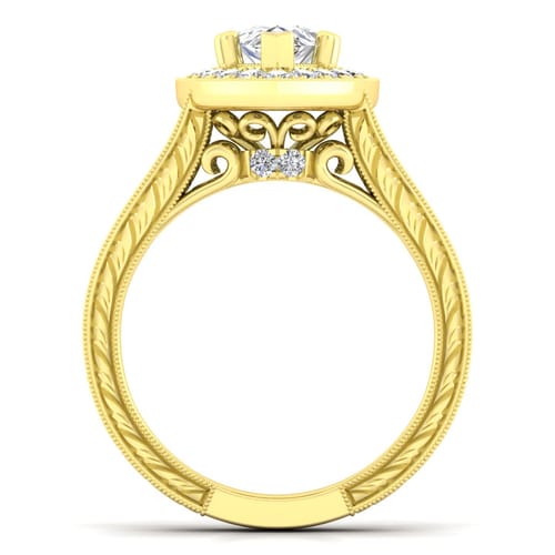 Vintage Inspired 14K Yellow Gold Pear Shape Halo Diamond Channel Set Engagement Ring