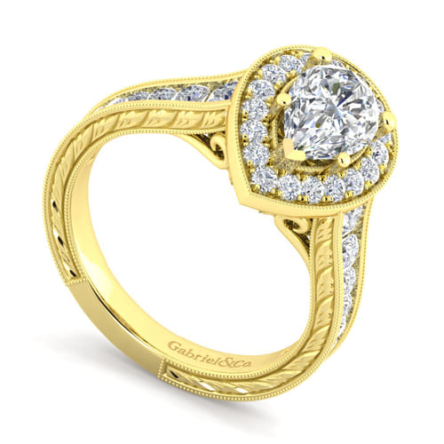 Vintage Inspired 14K Yellow Gold Pear Shape Halo Diamond Channel Set Engagement Ring