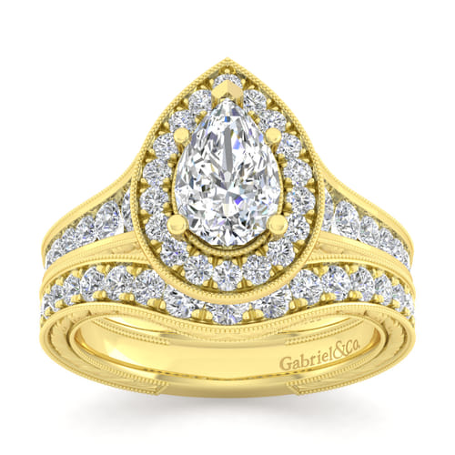 Vintage Inspired 14K Yellow Gold Pear Shape Halo Diamond Channel Set Engagement Ring