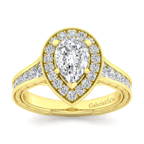 Vintage Inspired 14K Yellow Gold Pear Shape Halo Diamond Channel Set Engagement Ring