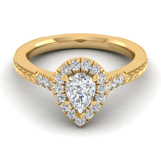 Gabriel - Vintage Inspired 14K Yellow Gold Pear Shape Halo Diamond Engagement Ring