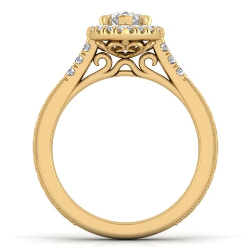 Vintage Inspired 14K Yellow Gold Pear Shape Halo Diamond Engagement Ring