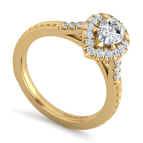 Vintage Inspired 14K Yellow Gold Pear Shape Halo Diamond Engagement Ring