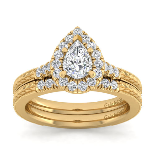 Vintage Inspired 14K Yellow Gold Pear Shape Halo Diamond Engagement Ring