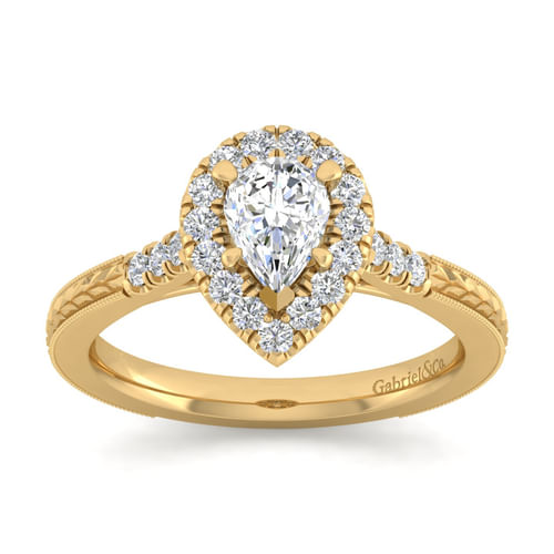 Vintage Inspired 14K Yellow Gold Pear Shape Halo Diamond Engagement Ring